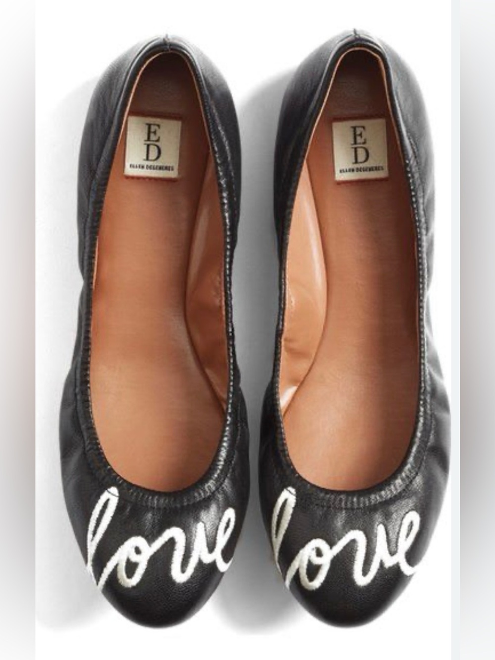 Ellen Degeneres Black Leather Ballet Flats with White "Love" Script
